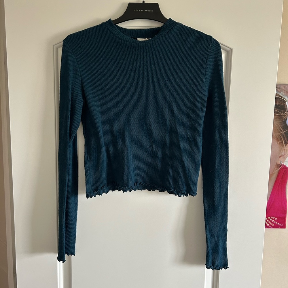 SO Blue Ribbed Crop Long Sleeve Tee